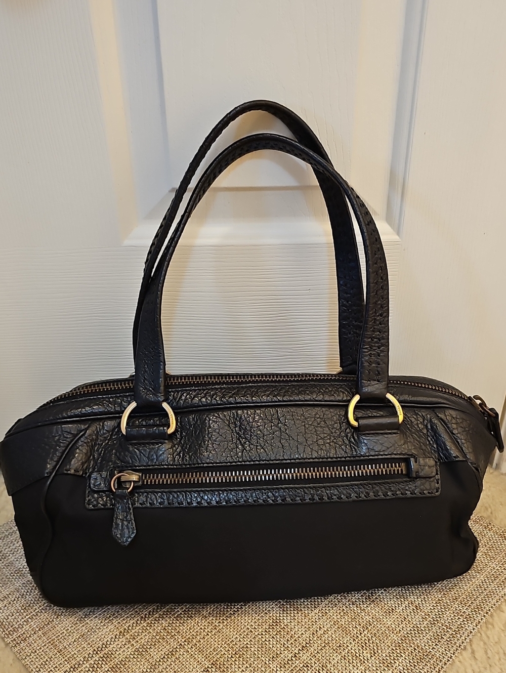 Vintage Prada Black Vitello Leather Trim Tesutto Nylon Bowler Satchel Handbag